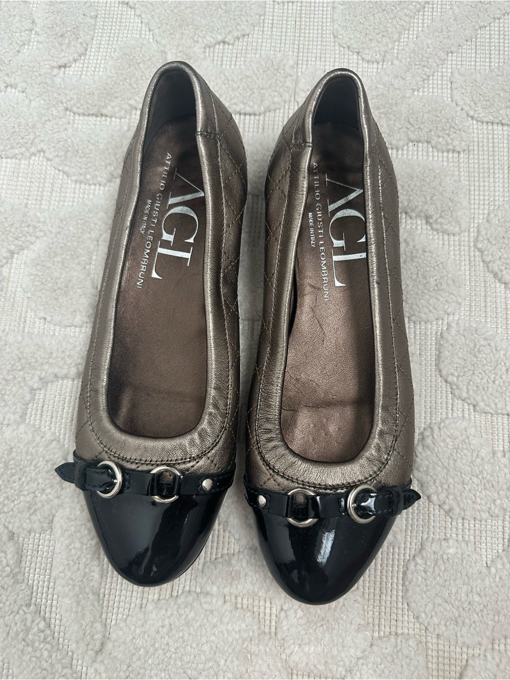 AGL Flats size 38 Metallic Bronze and Black Cap-Toe Ballet Flats